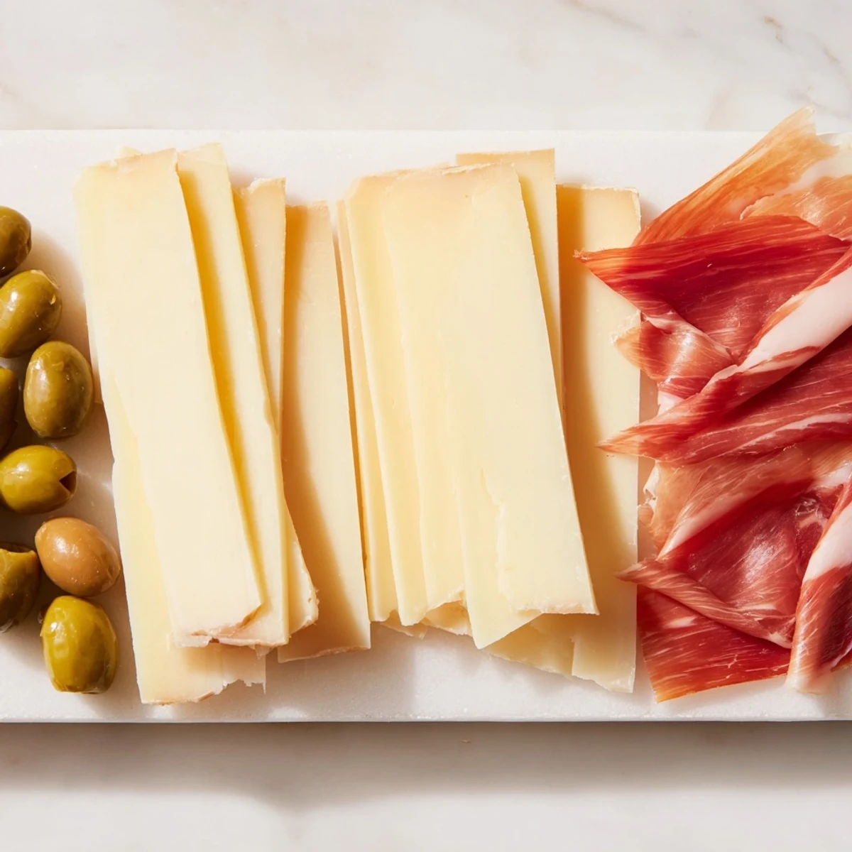 Perfectly arranged Minimalism Master cheese board showcases flavorful Comté, Iberian ham, and bright green olives.