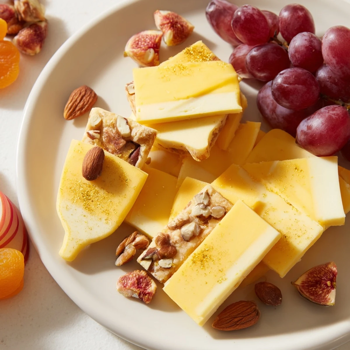 Vibrant photo of The Gilded Acorn charcuterie board, with gold-dusted almonds and acorn cheeses.