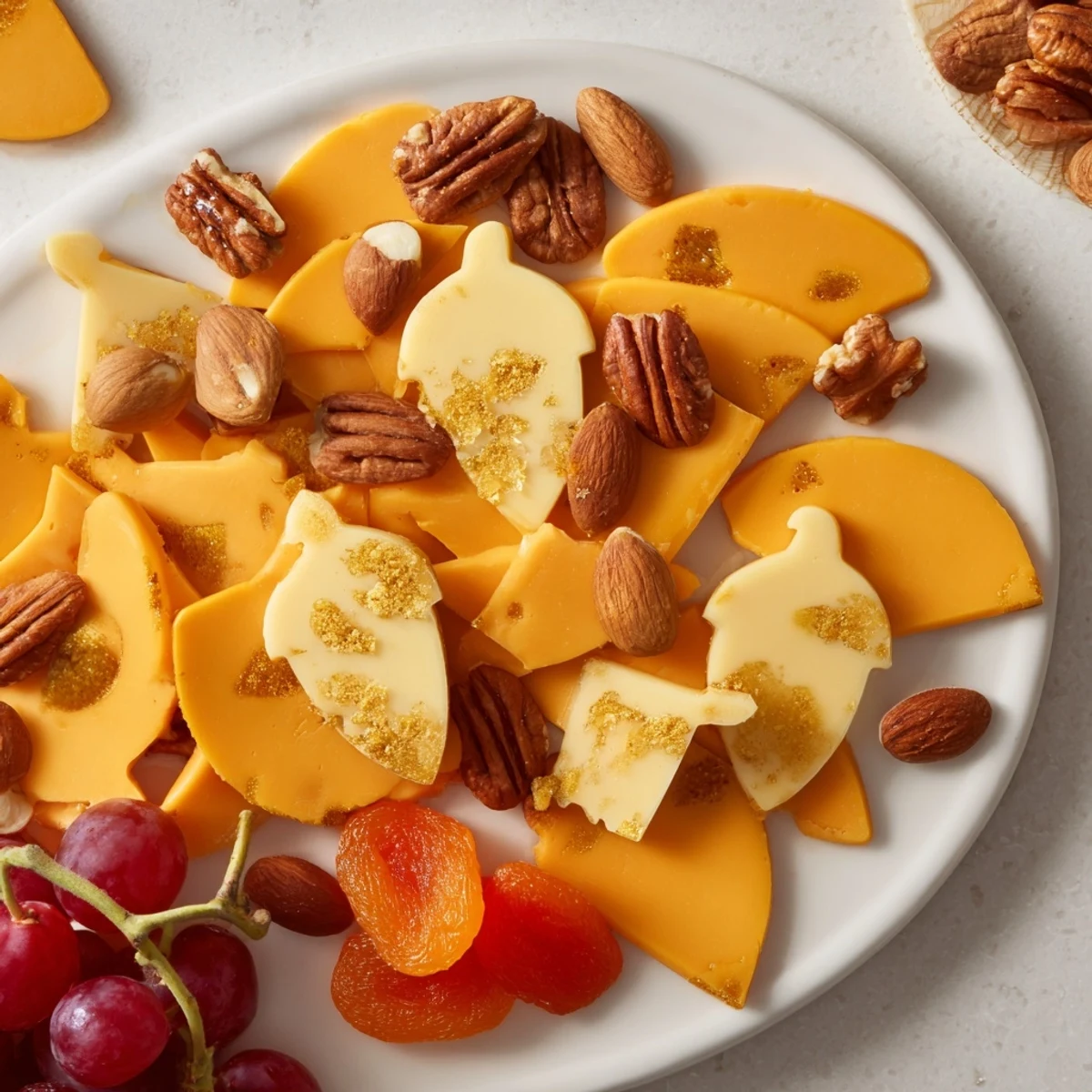 Exquisite detail: golden almonds and acorn cheeses grace this elegant The Gilded Acorn appetizer spread.