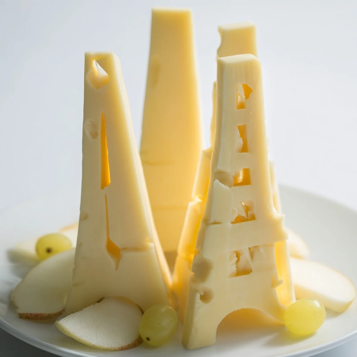 Skyline Silhouette cheese platter showcases edible building shapes, paired with fresh fruit and crackers.