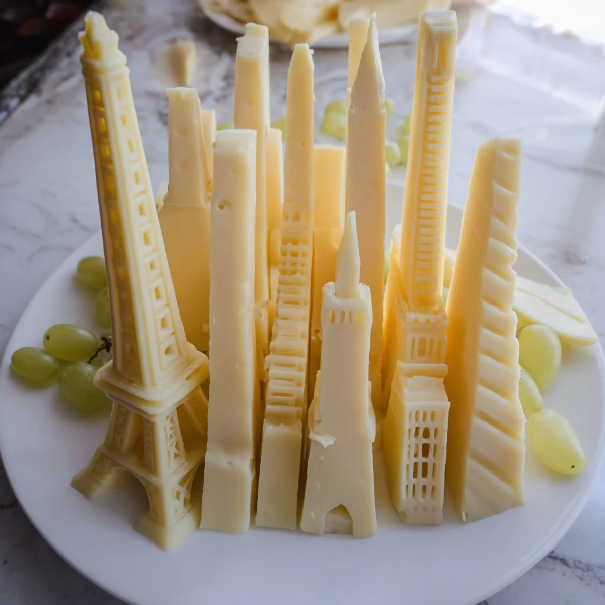 An artful Skyline Silhouette appetizer: Various cheeses form city buildings beside colorful grapes and apple slices.