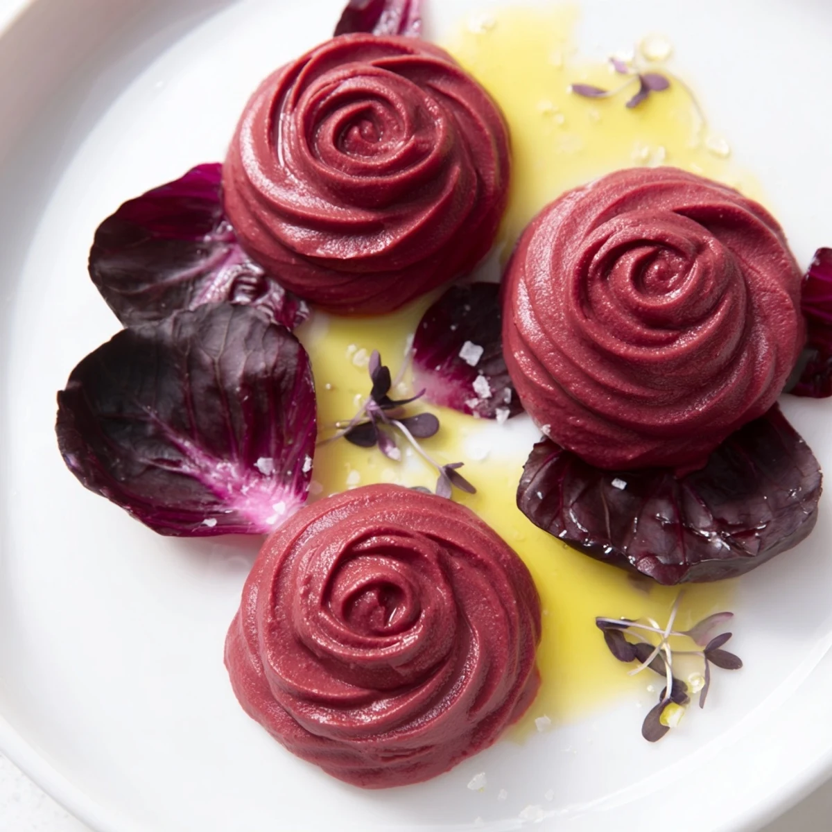 Vibrant beet hummus roses, called "The Velvet Rose," are artfully arranged with crisp radicchio leaves.