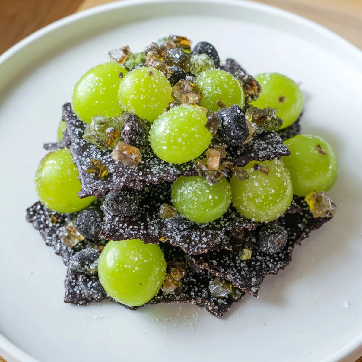 A dark chocolate cracker structure cradles a colorful Crystal Cave dessert of sugared grapes and sparkling rock candy.