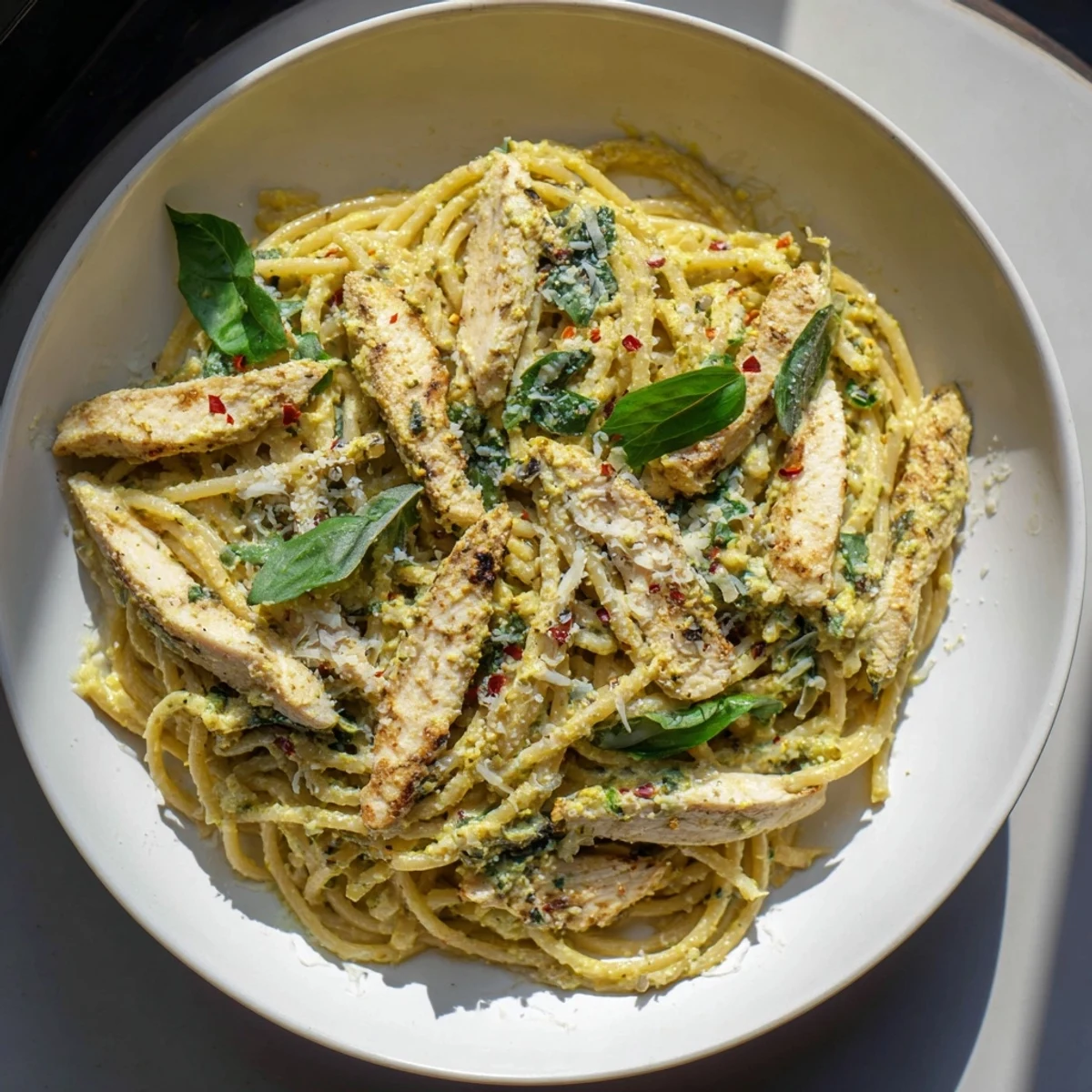 Creamy pesto egg and chicken pasta topped with Parmesan; a delicious, satisfying family dinner.