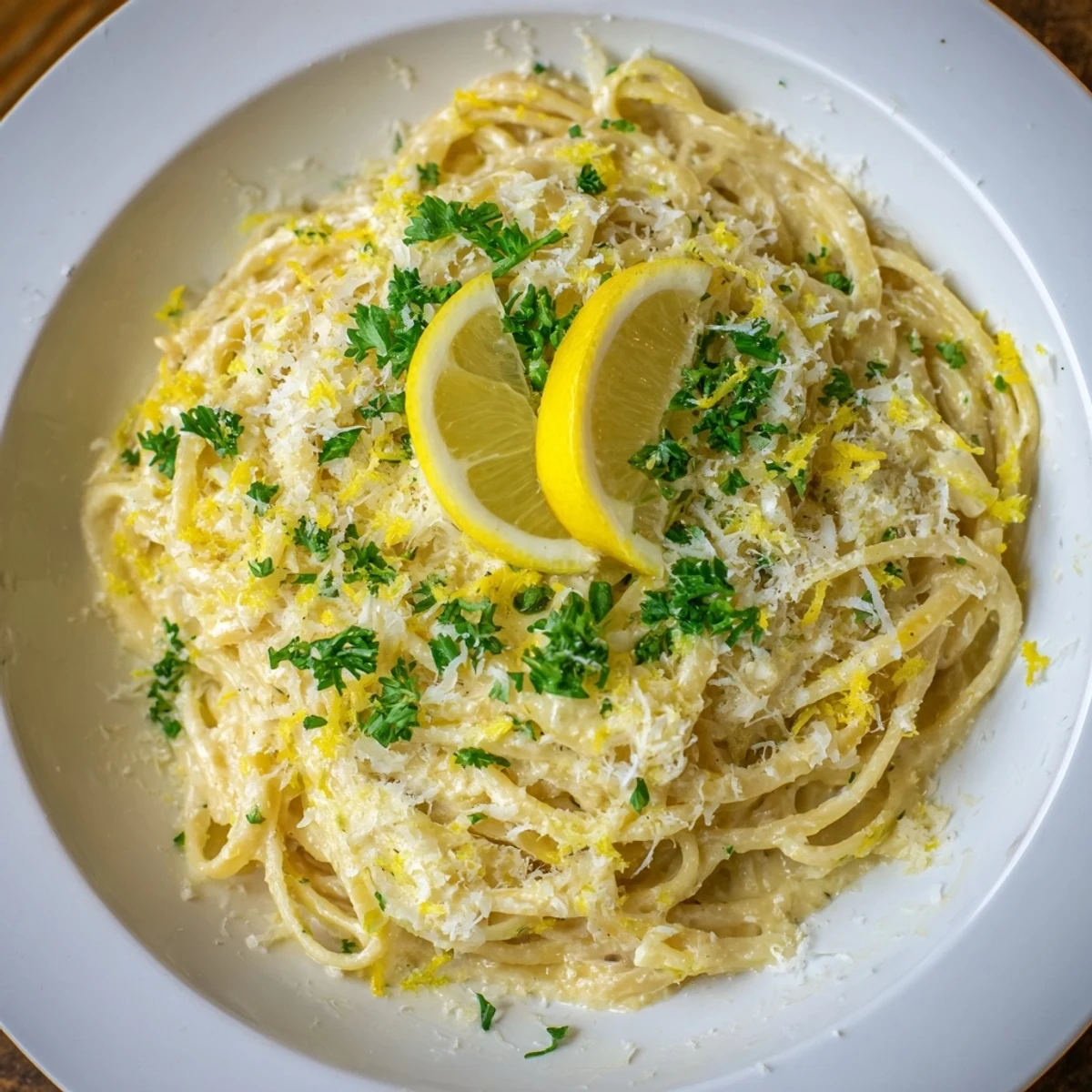 Steaming Lemon-Garlic Greek Yogurt Pasta, creamy and bright, sprinkled with fresh parsley and Parmesan.