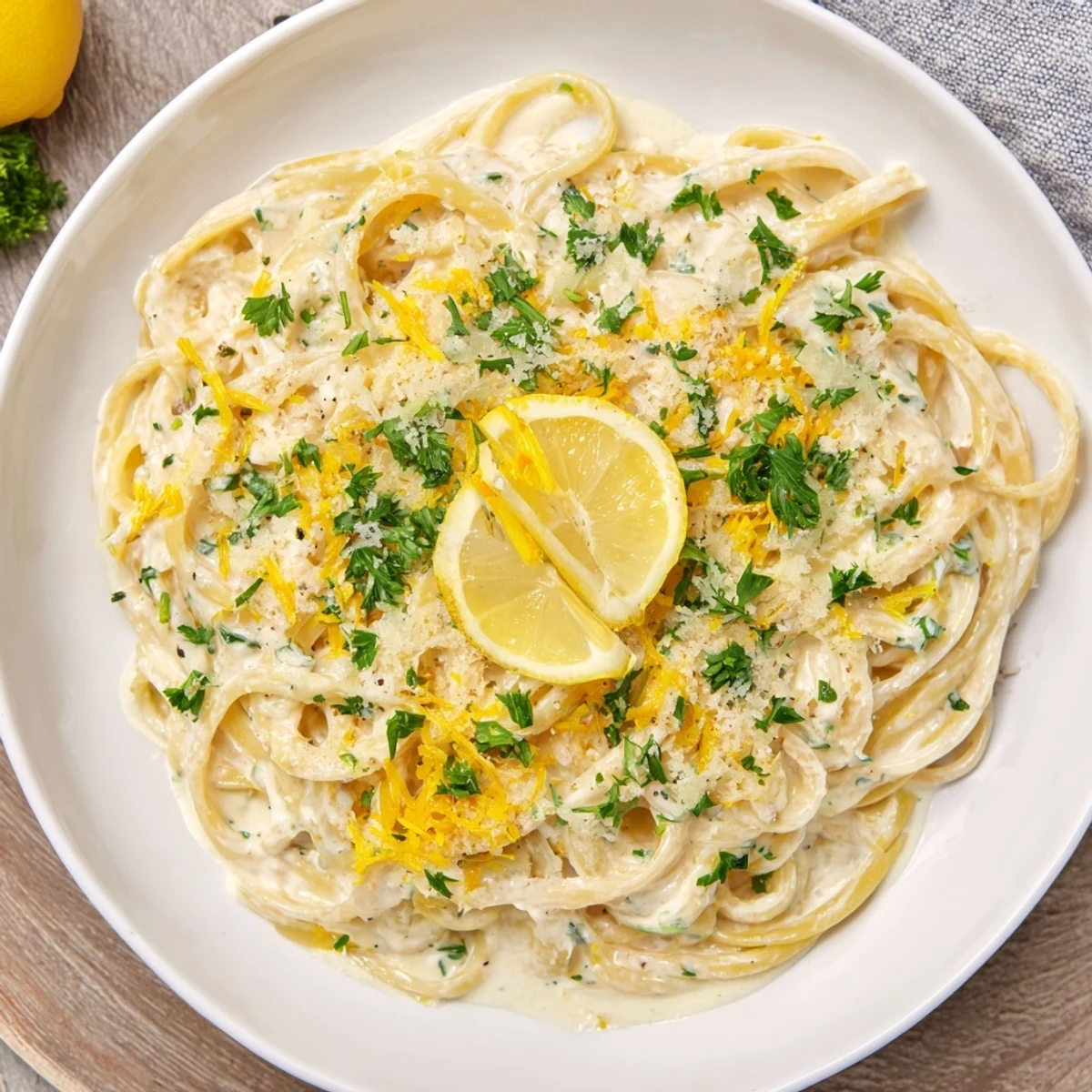 Close-up of Lemon-Garlic Greek Yogurt Pasta, a quick and satisfying vegetarian meal, ready to serve.