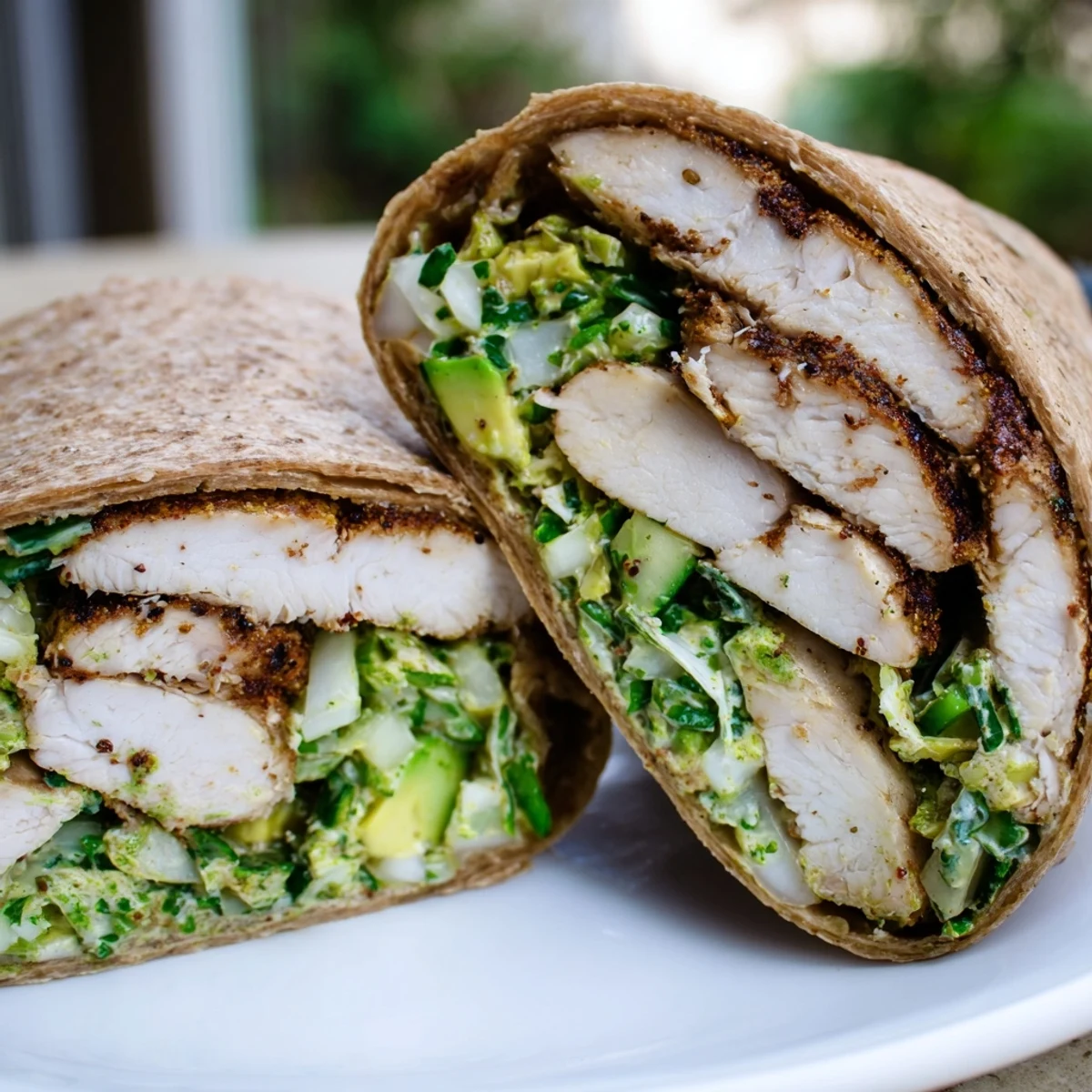 Fresh Green Goddess Chicken Wraps, showcasing grilled chicken slices with a vibrant green cabbage salad.