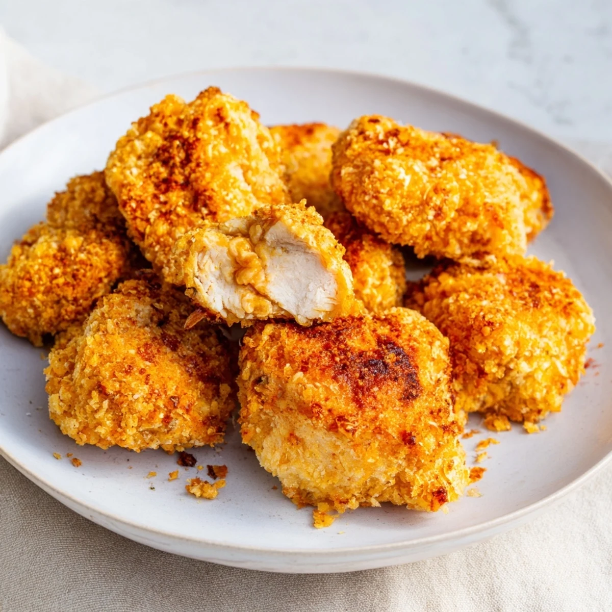 Golden brown Air Fryer Un-Fried Chicken Nuggets, beautifully crispy and ready to eat with dipping sauce.
