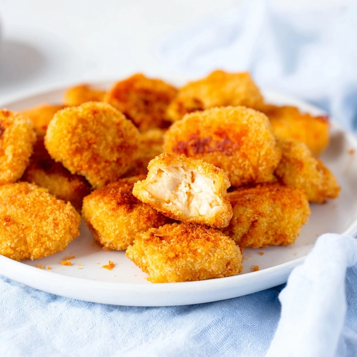 Close-up of freshly cooked Air Fryer Un-Fried Chicken Nuggets, offering a crunchy panko coating and juicy interior.
