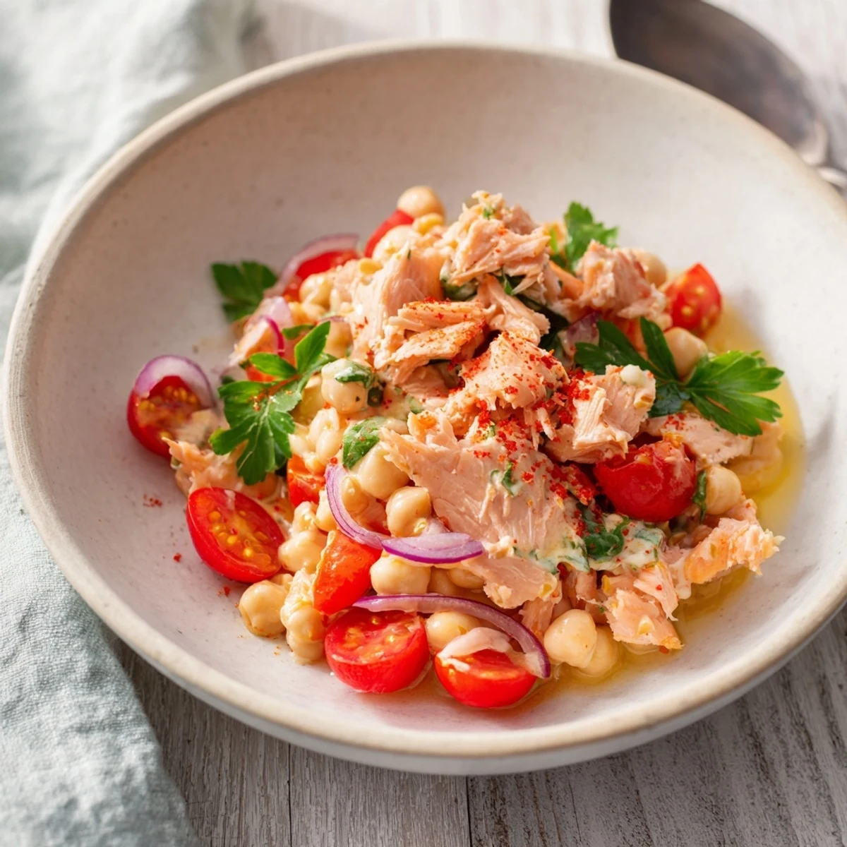 A vibrant bowl of Mediterranean-inspired Dense Chickpea and Tuna Salad, perfect for a quick, protein-packed lunch.