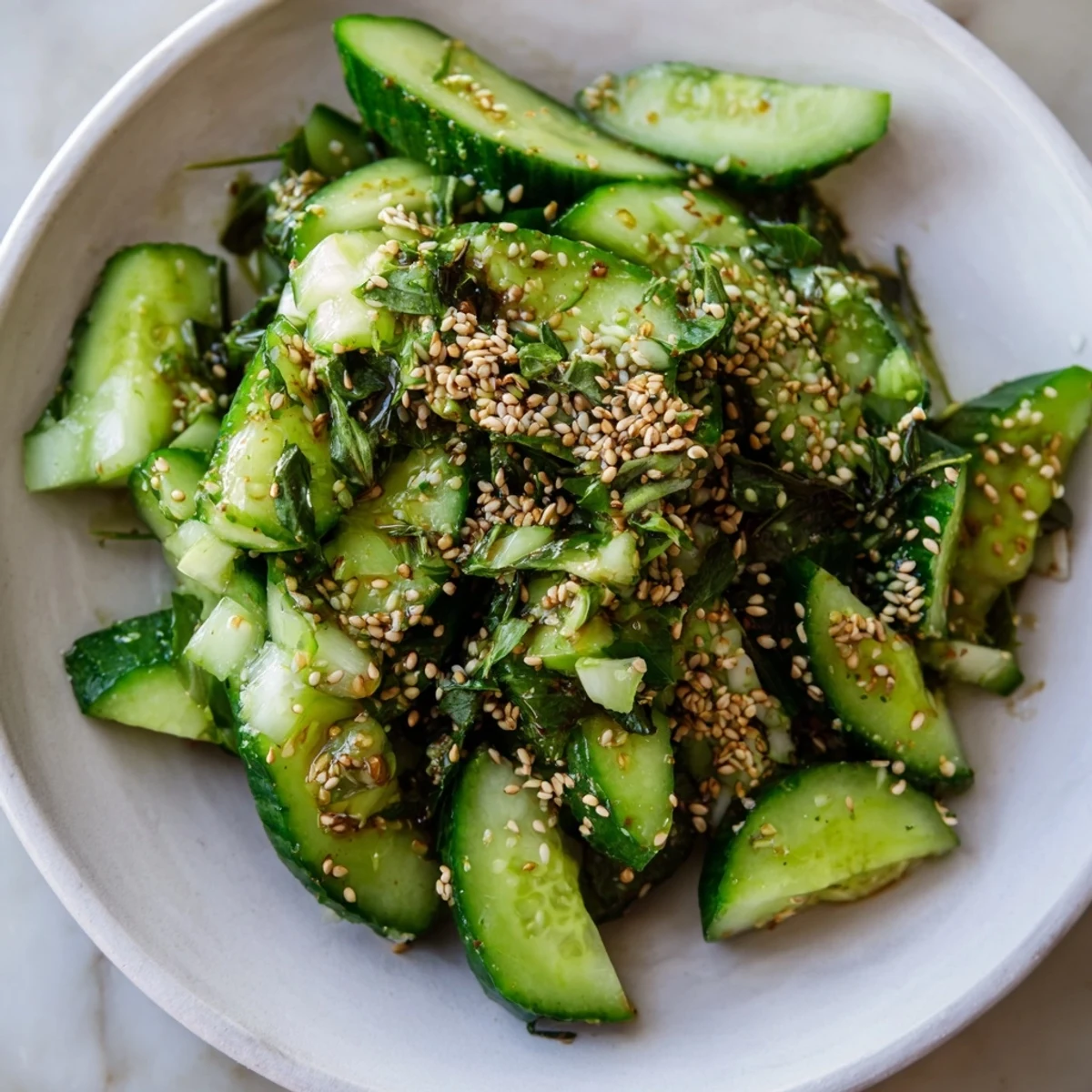 Vibrant Whole Cucumber Logan Salad with smashed cucumbers, juicy rotisserie chicken, and sesame seeds.