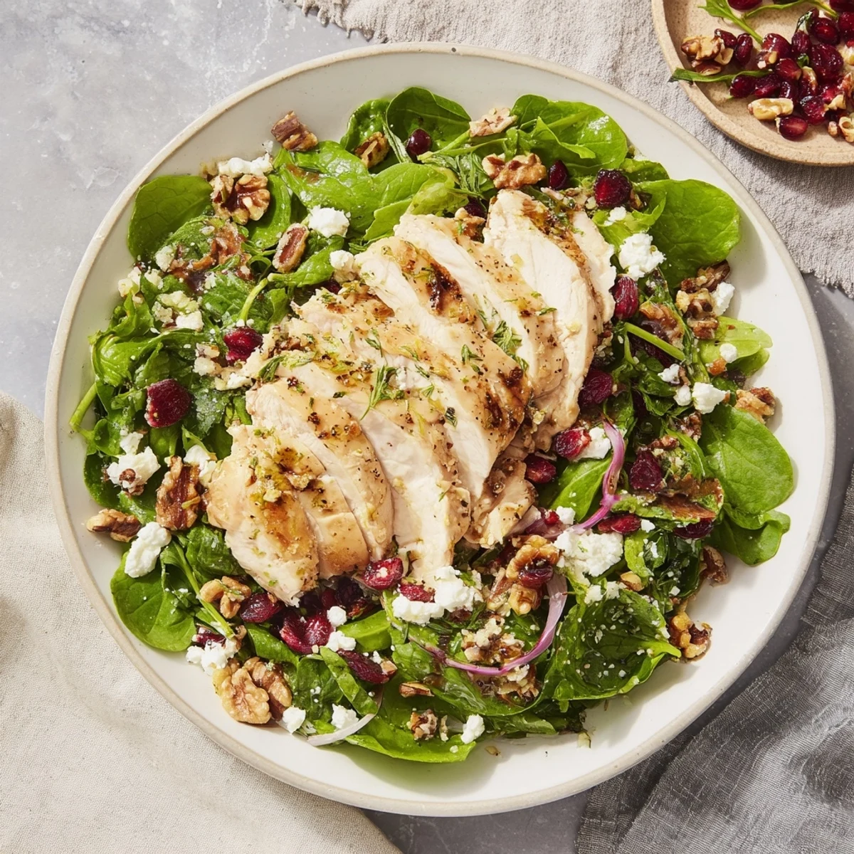 A close up of ready-to-eat Blueberry Goat Cheese Chicken Salad, highlighting the creamy goat cheese and walnuts.