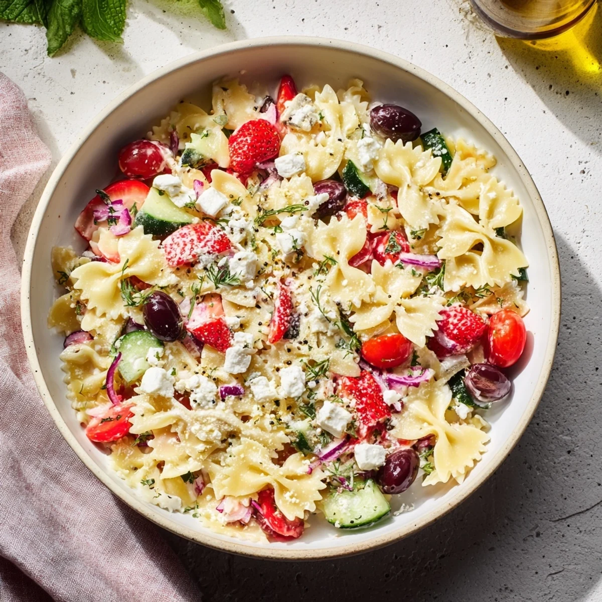 Cool, refreshing Strawberry Feta Pasta tossed with yogurt dressing, ideal for a light lunch.