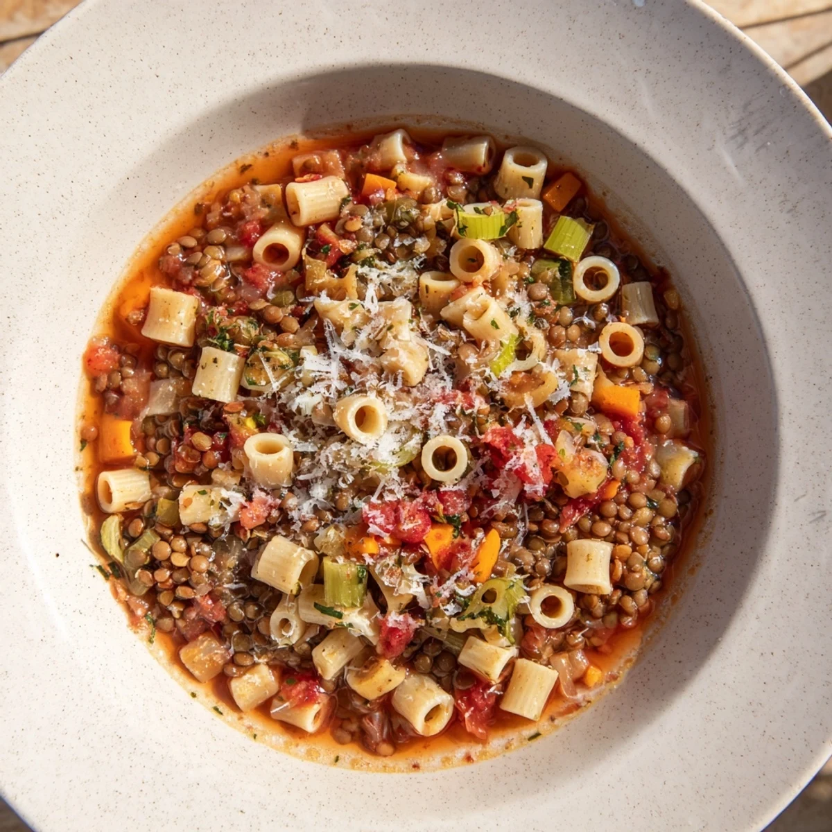 A steaming bowl of flavorful ditalini and lentil soup, garnished with fresh parsley.