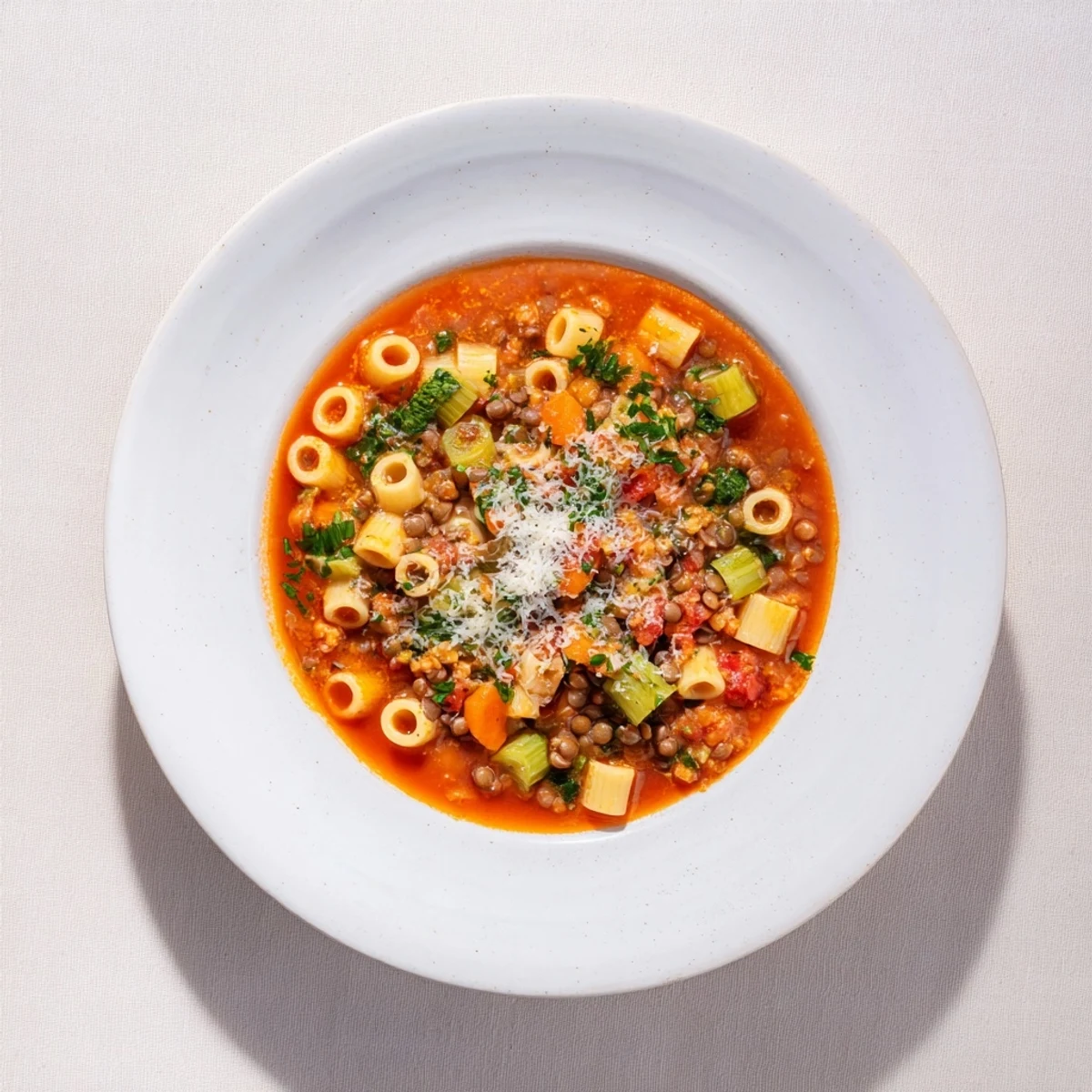 Enjoy a warm and comforting serving of homemade ditalini and hearty lentil soup.