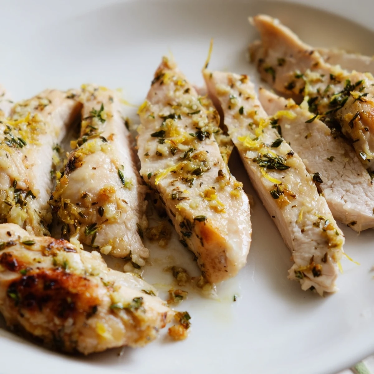 Bright yellow lemon slices garnish the moist, flavorful Greek Lemon Herb Chicken in a baking dish.