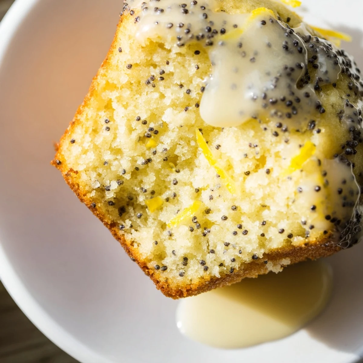Fluffy lemon poppy seed muffins, golden brown and glazed, perfect for a refreshing spring breakfast.
