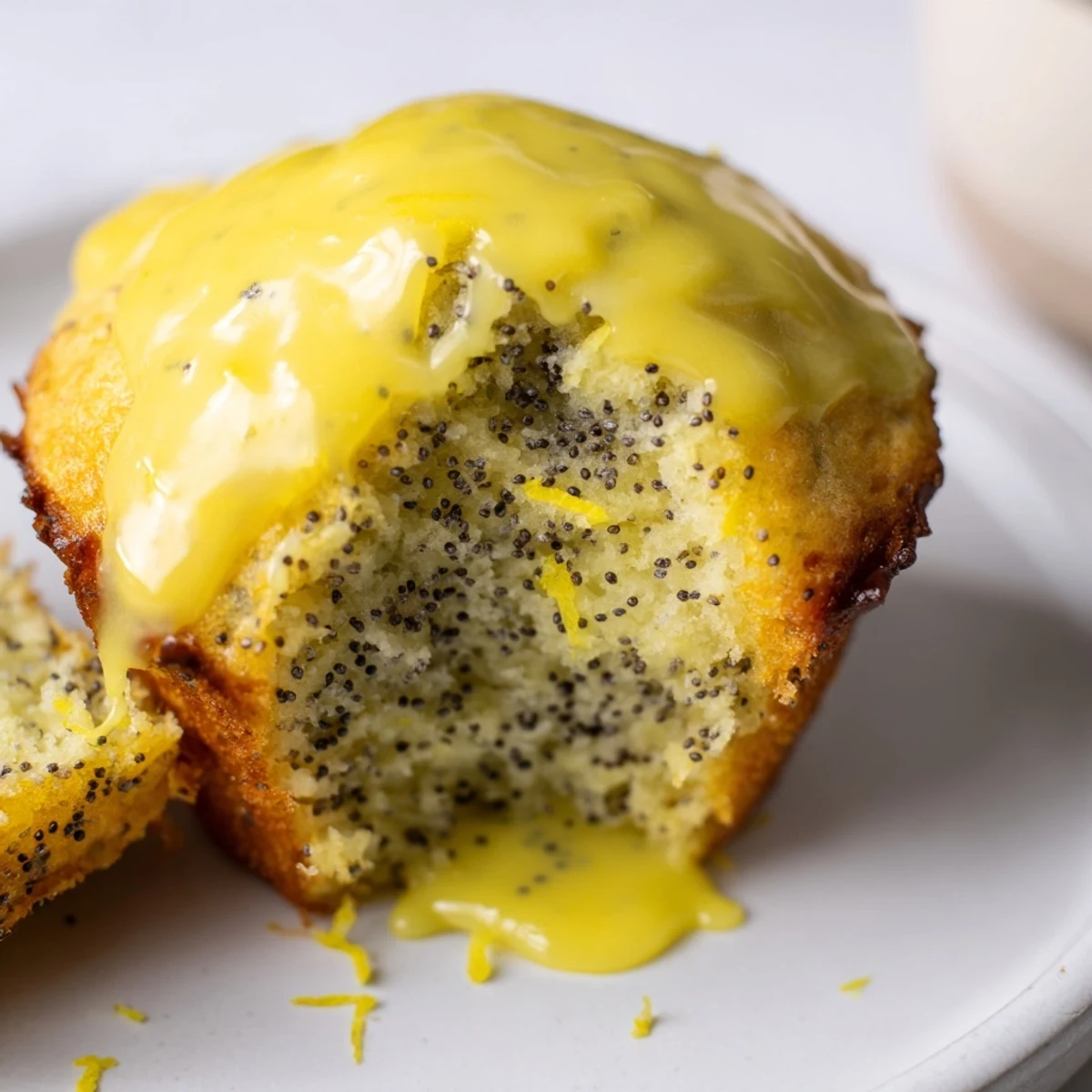 Delicious homemade lemon poppy seed muffins, with visible poppy seeds and a delightful lemon aroma.