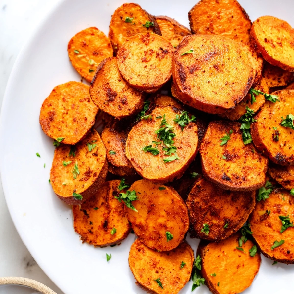 Golden roasted Cajun sweet potatoes with crispy edges, inviting aroma, and perfect for serving.