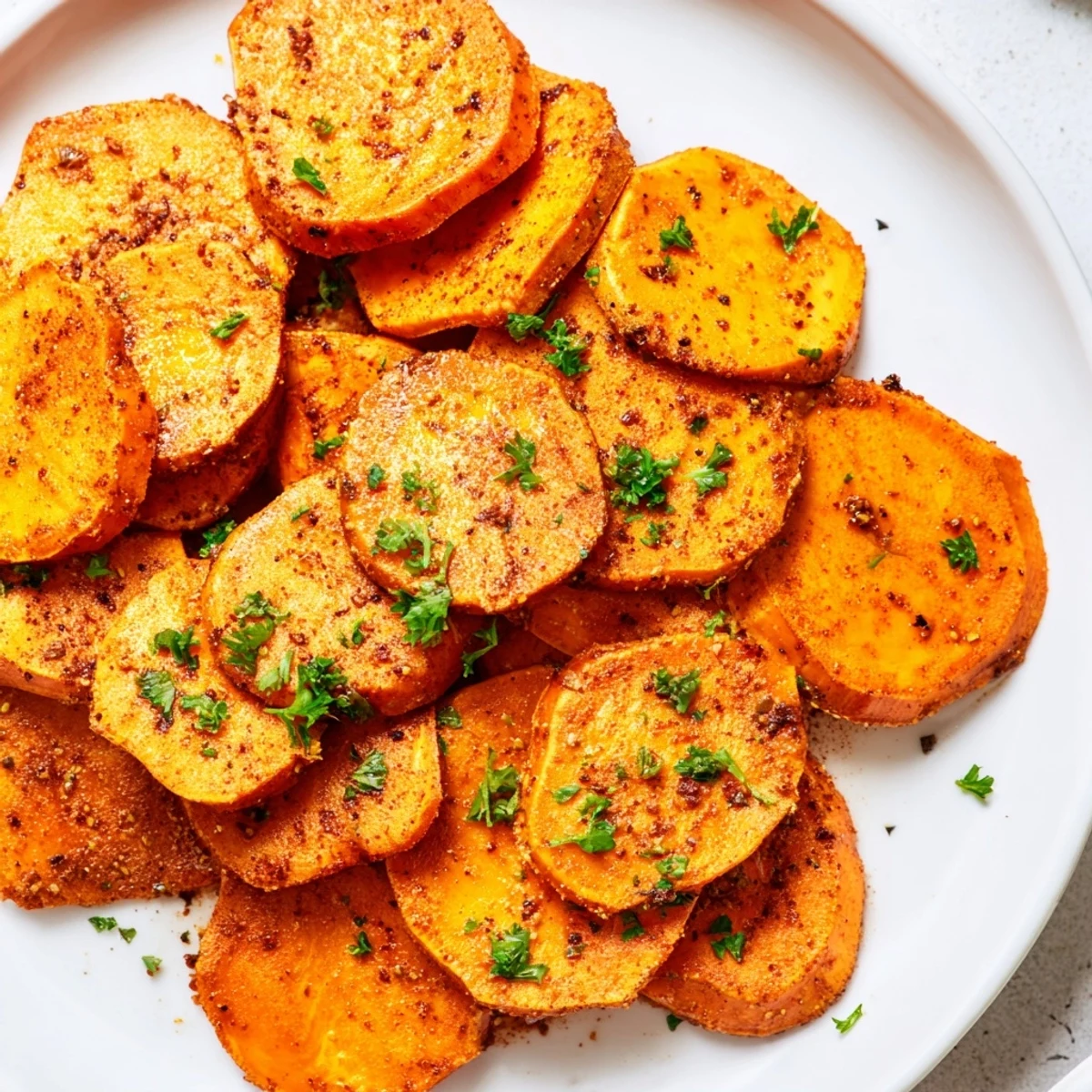 Close-up of baked Cajun sweet potatoes, their savory spices coating each delicious, oven-roasted slice.
