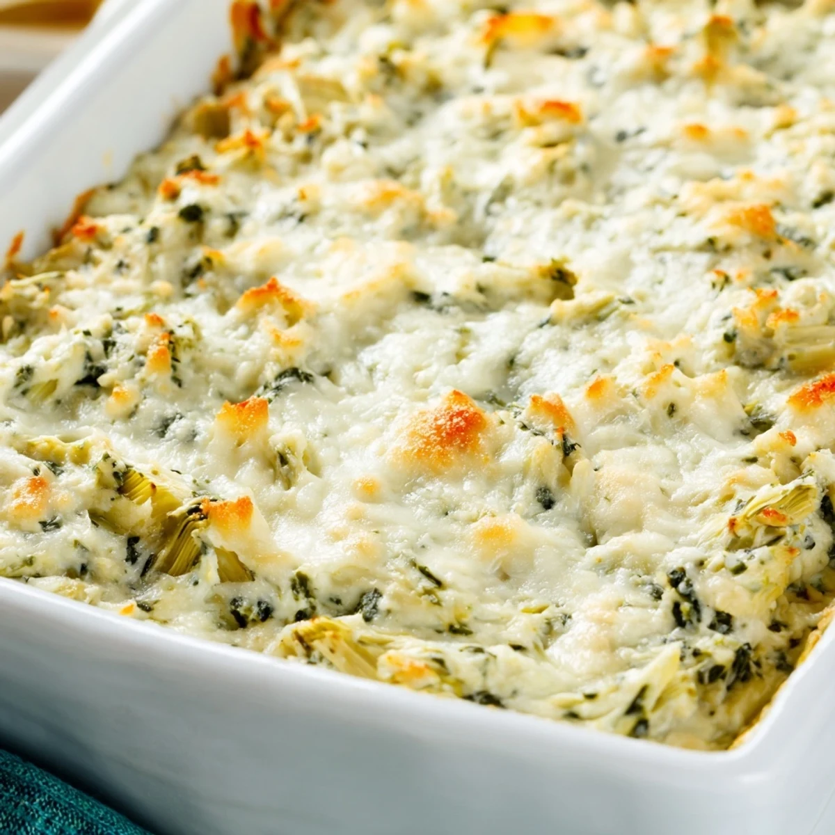 Warm, bubbly cheesy spinach artichoke dip, perfect for dipping tortilla chips at a party.