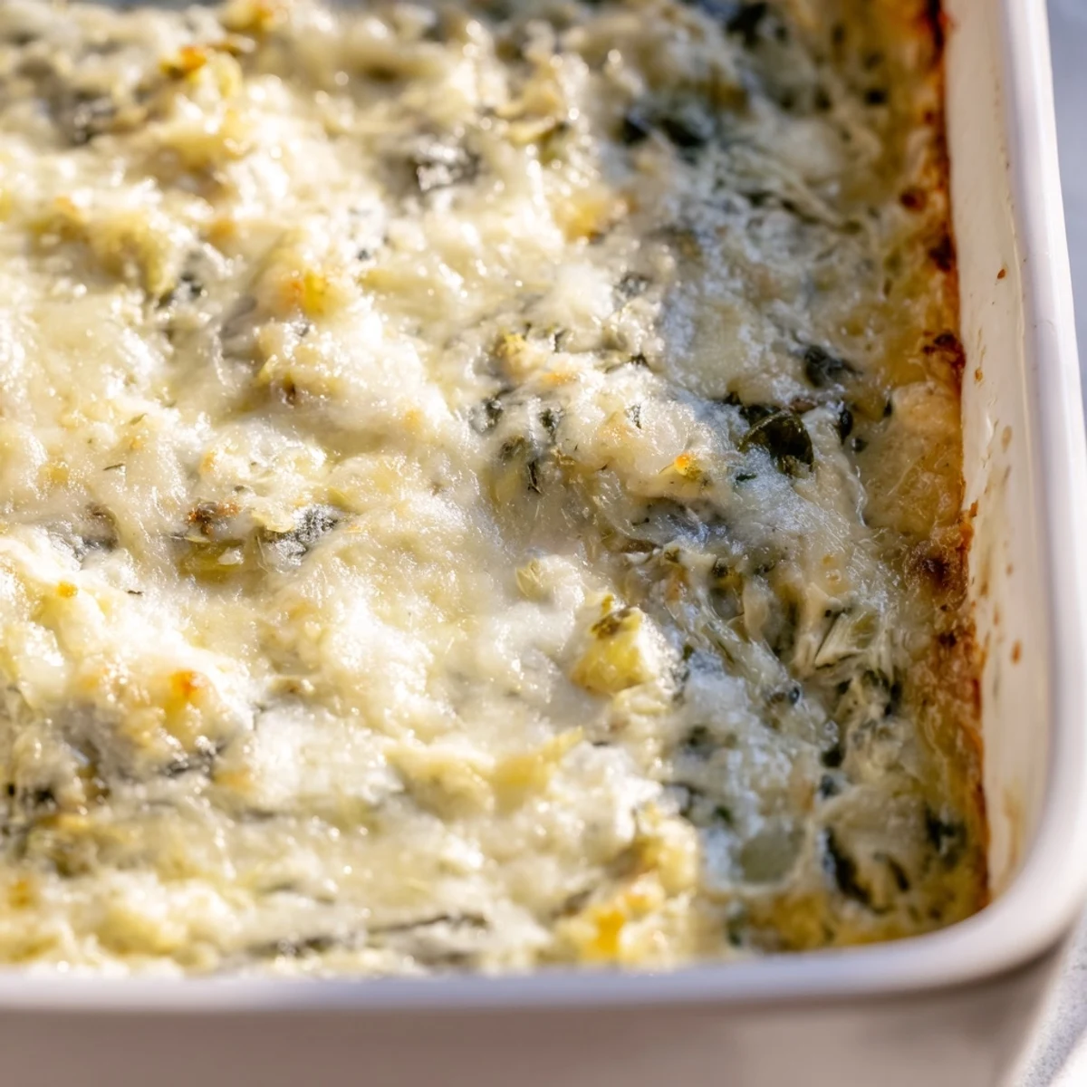 A close-up of a golden-brown cheesy spinach artichoke dip, ready to be scooped up.