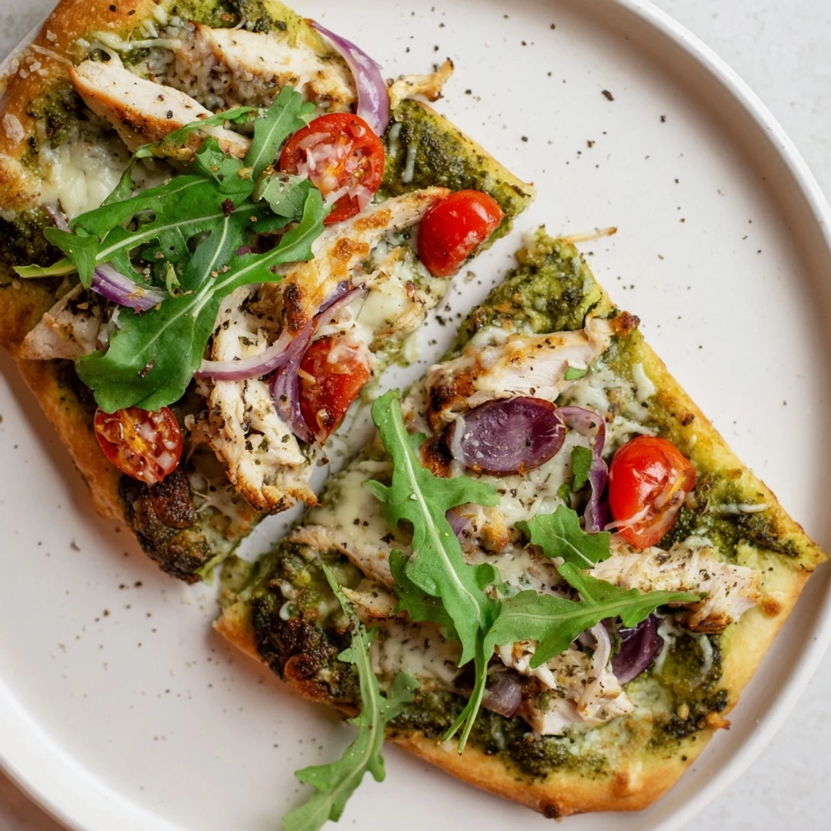 Pesto Chicken Flatbread with melty mozzarella, fragrant basil pesto, and juicy tomatoes.