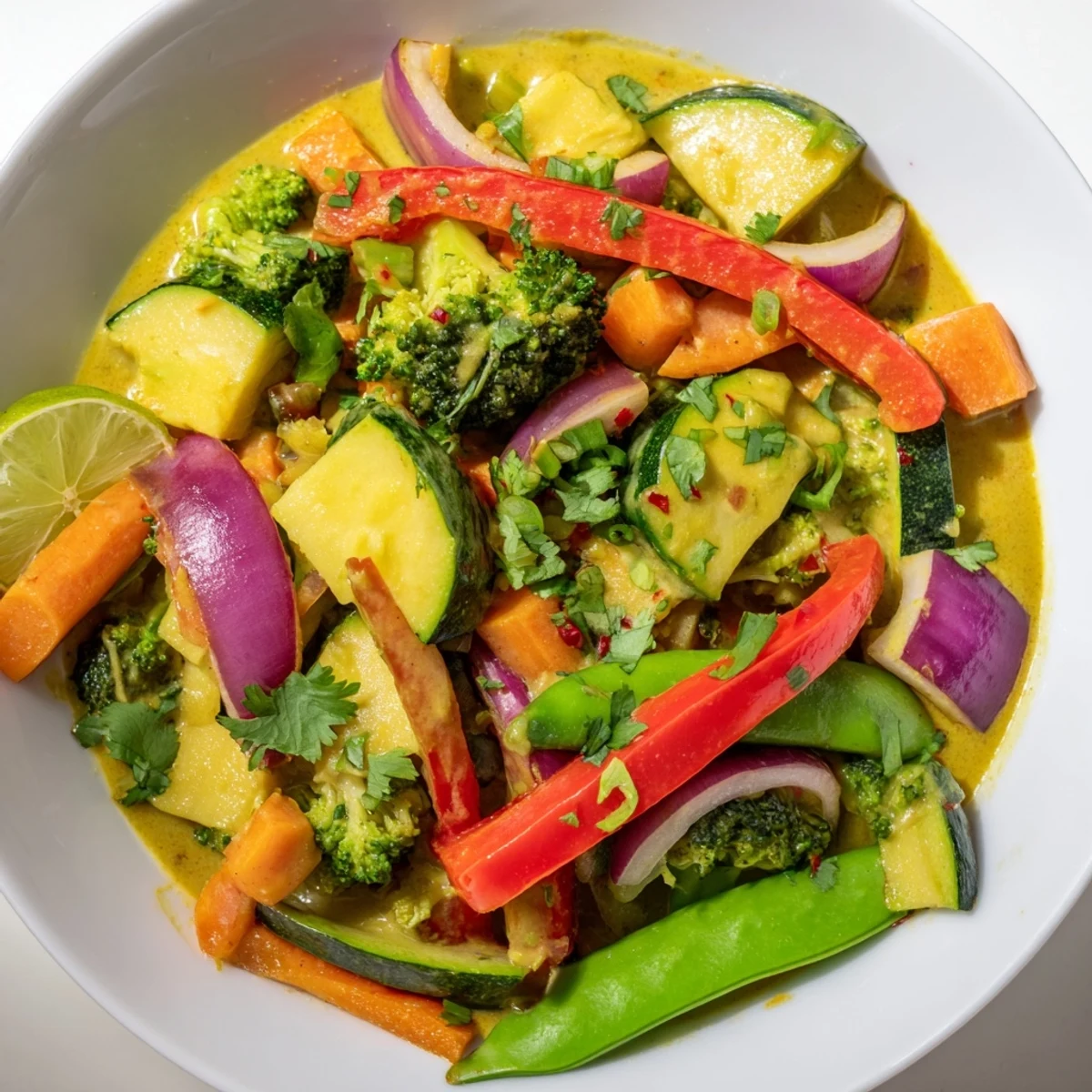 Steaming, colorful Coconut Curry Vegetables, featuring bell peppers and broccoli, ready to enjoy.