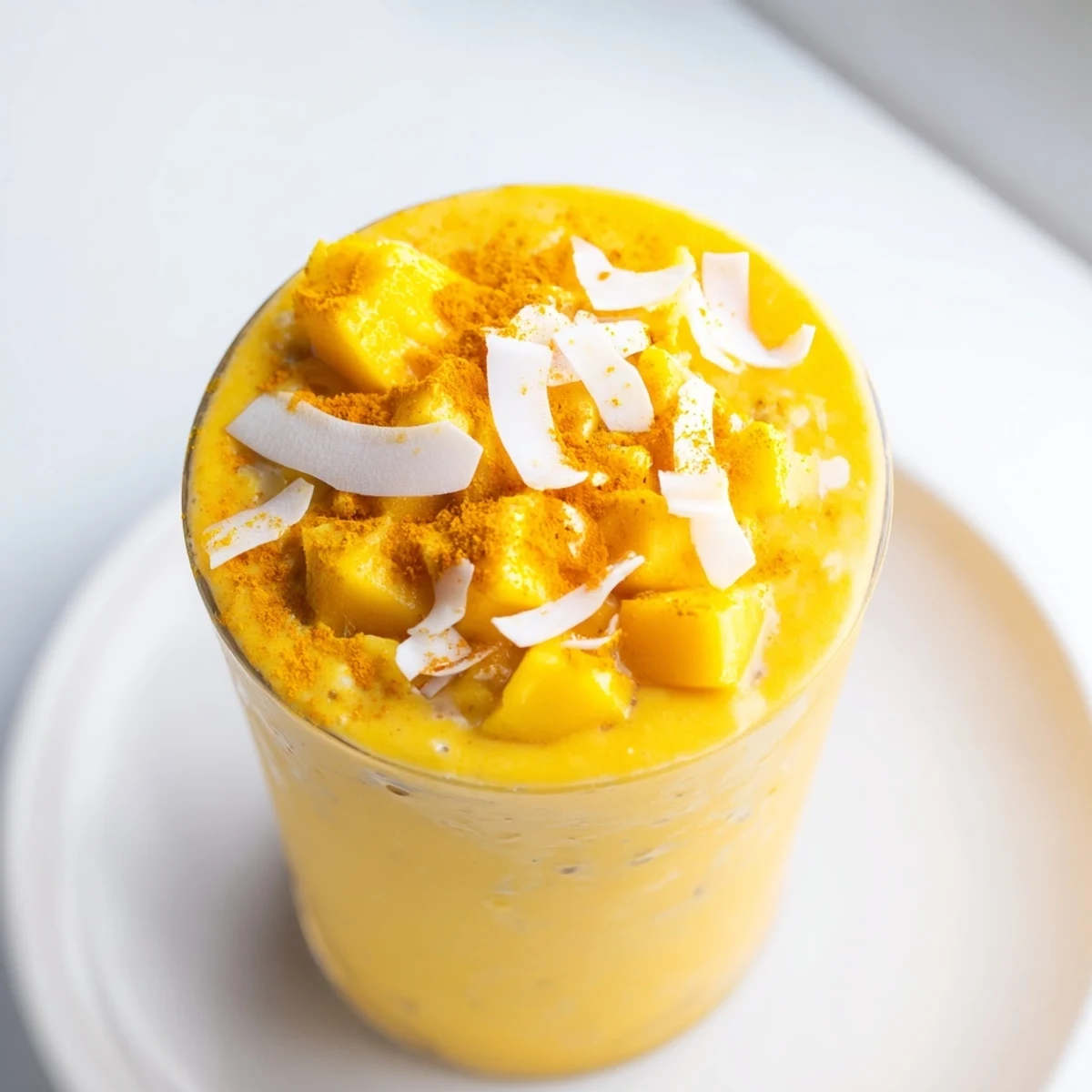 A refreshing Mango Turmeric Smoothie garnished with mango slices, perfect for a sunny day's wellness.