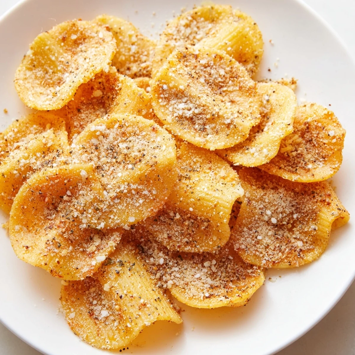 Golden-brown, crunchy Parmesan pasta chips, perfect for dipping in warm marinara sauce.