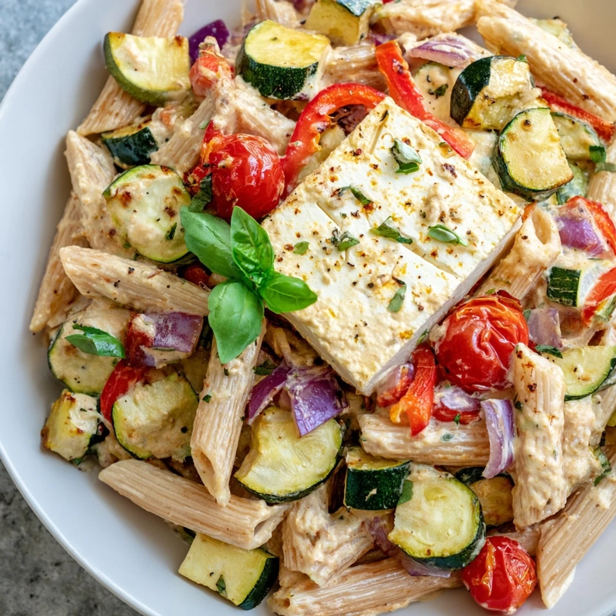 Golden and bubbly baked feta pasta, a creamy dish of roasted vegetables and feta cheese.