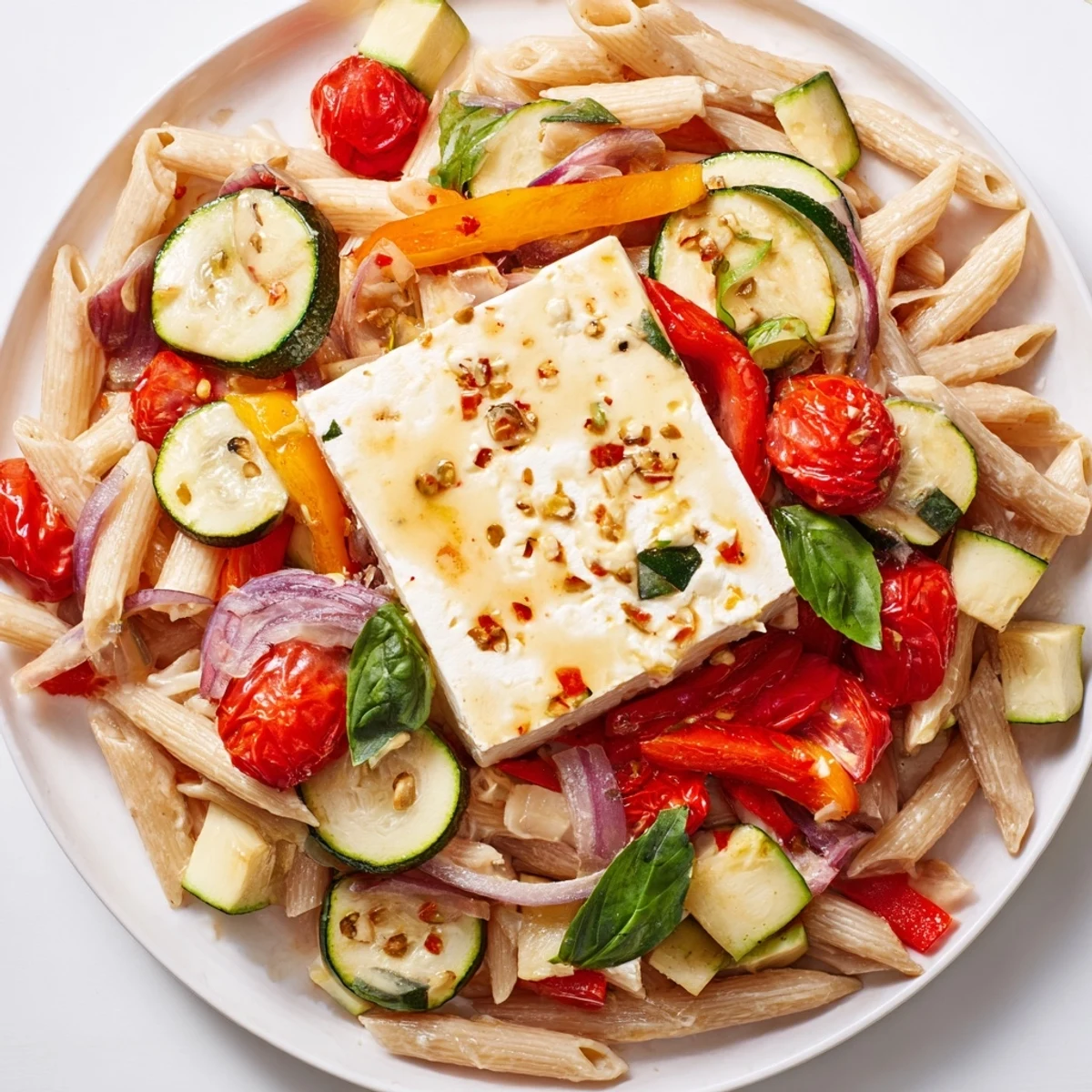 Flavorful whole-grain pasta coated in a vibrant, cheesy sauce, this baked feta pasta is perfect.