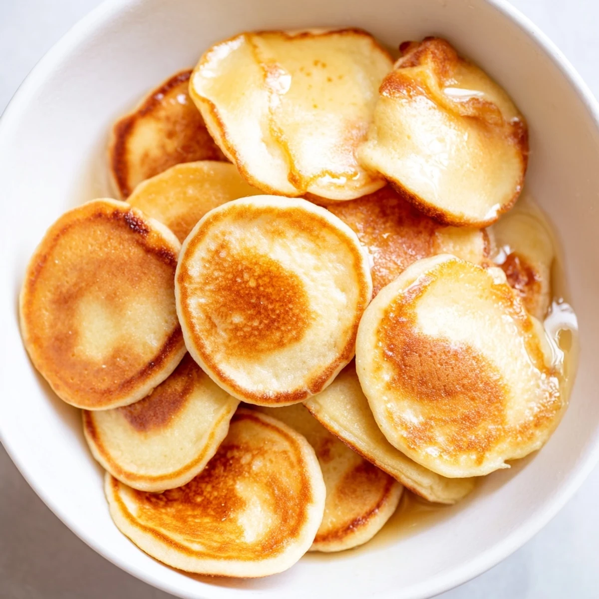 Close-up of golden, bite-sized fluffy pancake cereal, a delightful breakfast treat, so delicious.