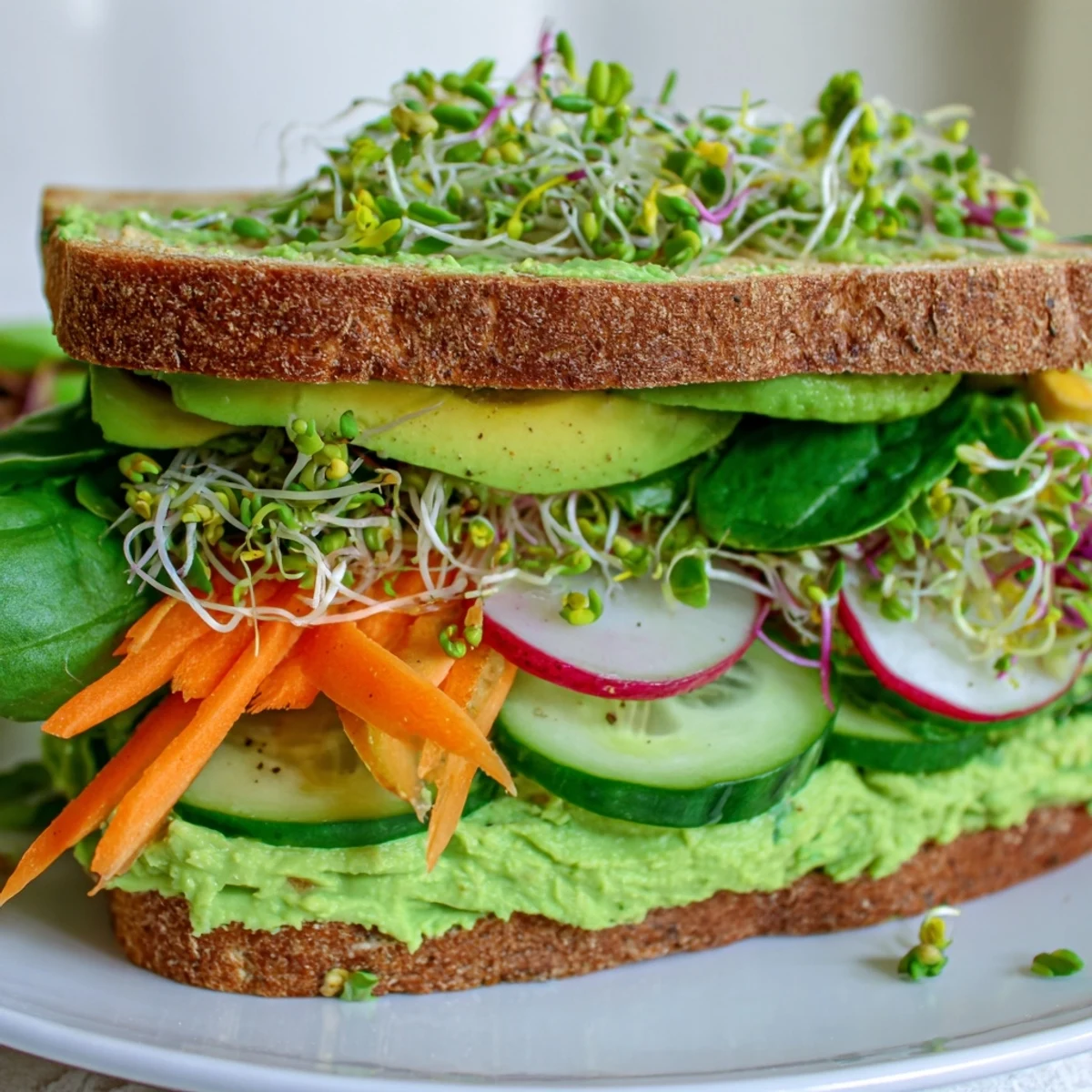 Close-up of a vibrant Green Goddess Sandwich, packed with fresh vegetables and creamy spread on toasted bread.