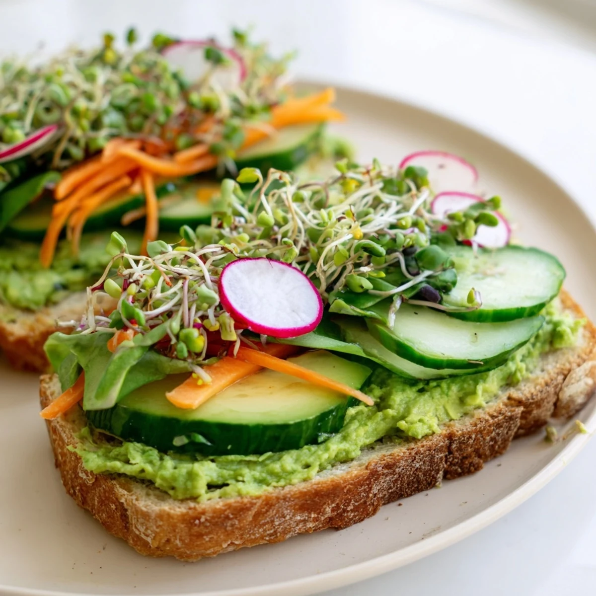 This delicious Green Goddess Sandwich showcases layers of colorful veggies and creamy green herb spread, ready to enjoy.