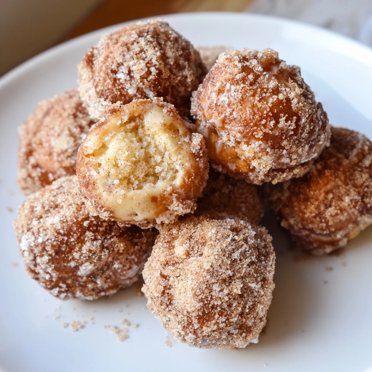 A close-up view of air fryer cinnamon donuts, invitingly soft, ready to be devoured with coffee.