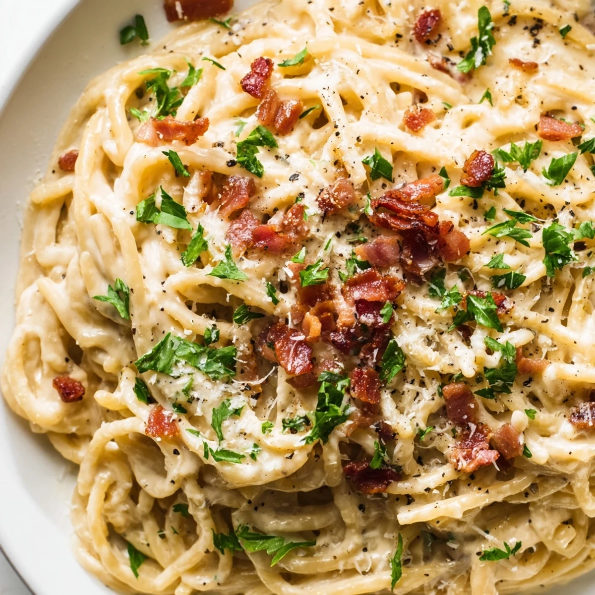 Steaming bowl of Ramen Carbonara Hack with a rich, creamy sauce and grated Parmesan cheese.