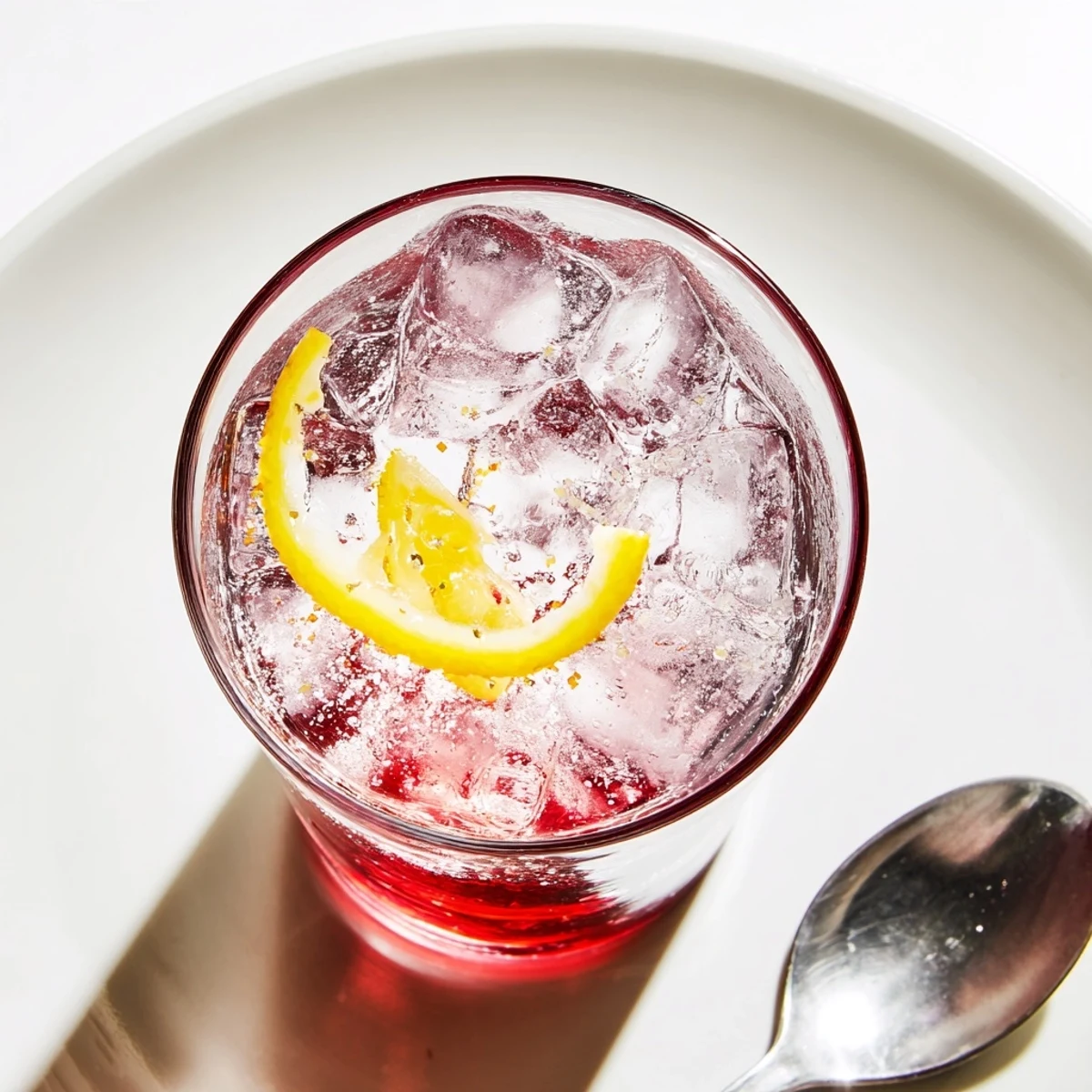 Refreshing Sleepy Girl Mocktail with a deep red hue, garnished with a bright lemon wheel.