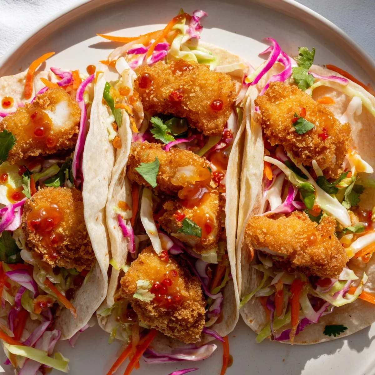Close-up of golden, crispy Hot Honey Chicken Tacos, drizzled with spicy honey and cilantro.