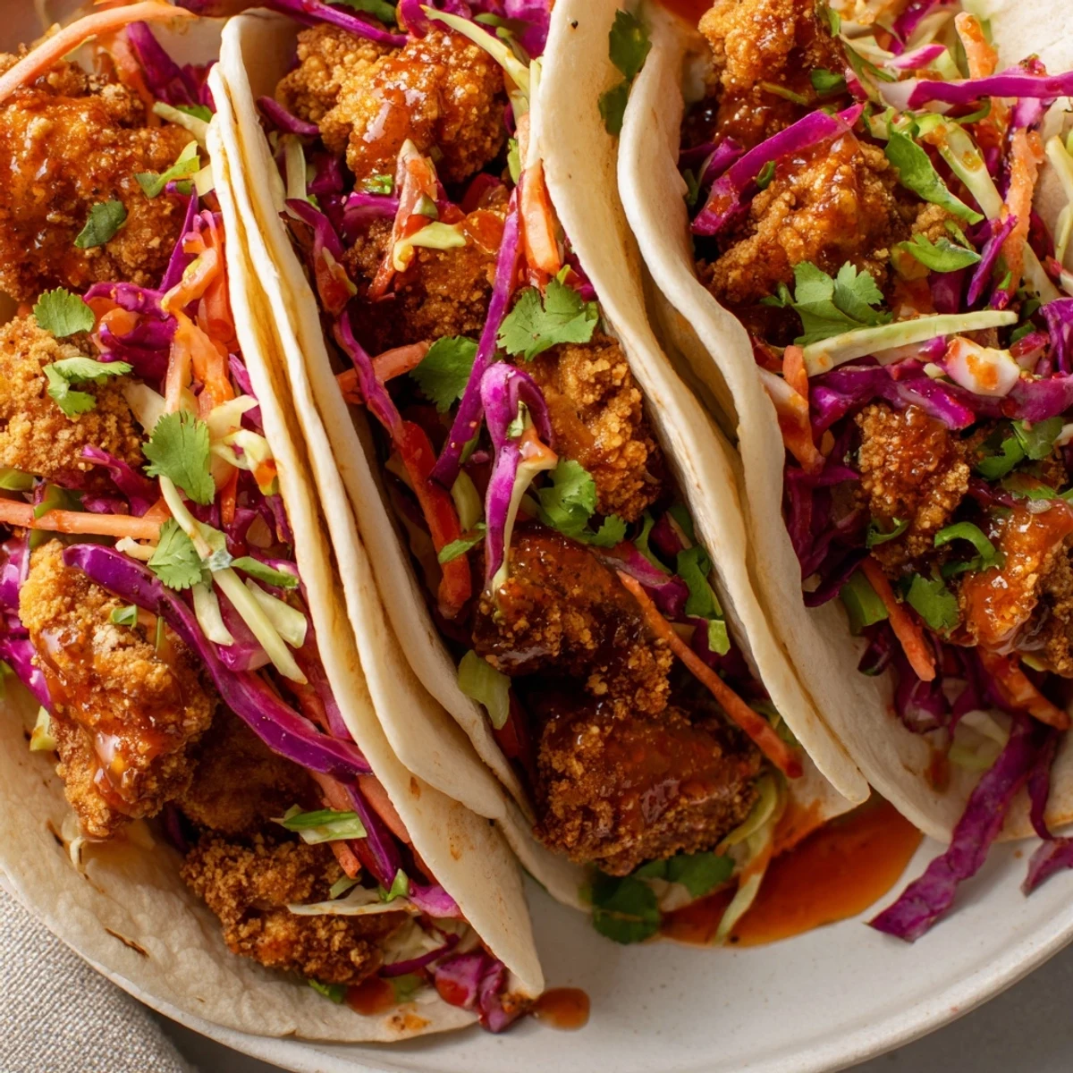 Warm tortillas holding juicy Hot Honey Chicken Tacos with vibrant slaw, ready to be enjoyed.