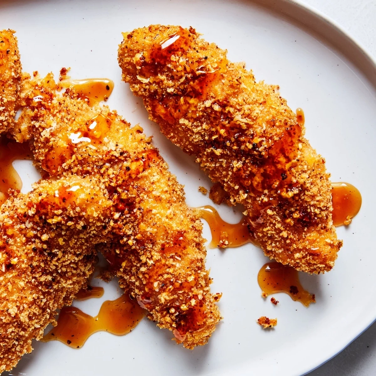 Golden brown crispy panko chicken tenders drizzled with fiery hot honey, ready to enjoy.