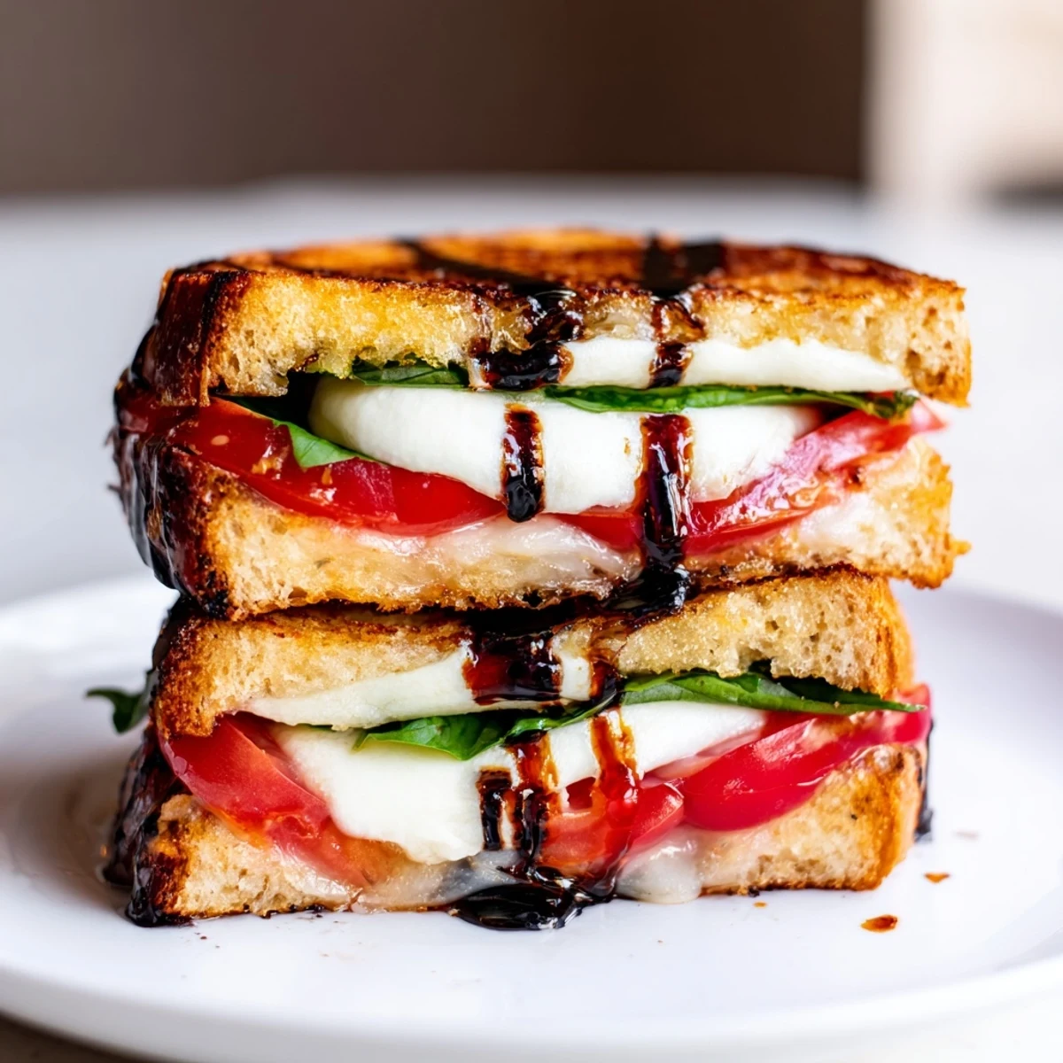 Golden-brown Caprese Salad Grilled Cheese with melted mozzarella and fresh tomato slices.