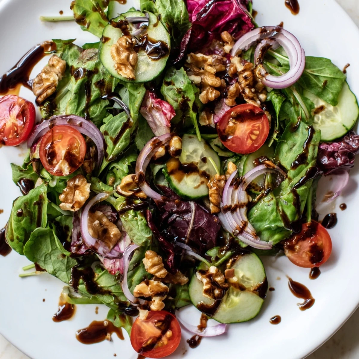 Vibrant and colorful Quick Balsamic Vinegar Salad, showcasing juicy cherry tomatoes and a rich, dark balsamic glaze drizzled over greens.