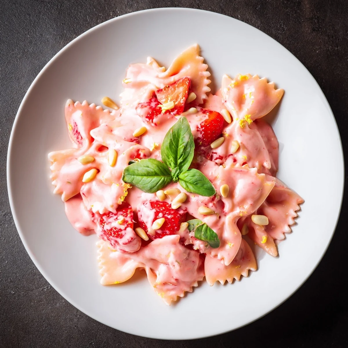 Vibrant image of Strawberry Sour Cream Pasta, garnished with fresh basil, ready for tasting.