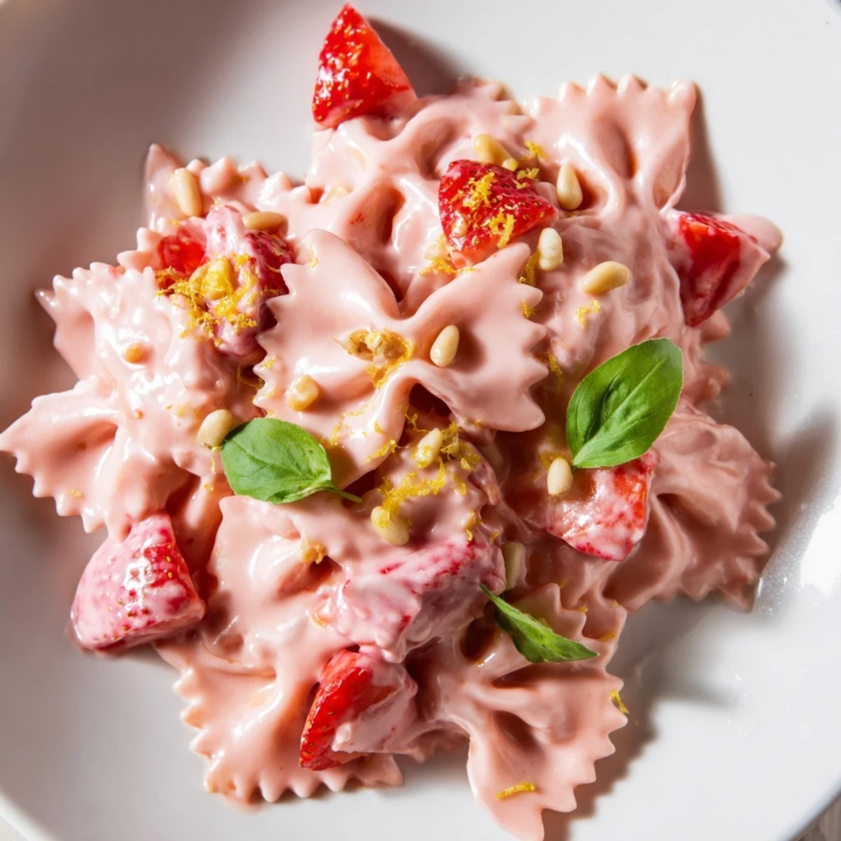 Close-up of Strawberry Sour Cream Pasta, creamy pink sauce coating perfectly cooked farfalle.