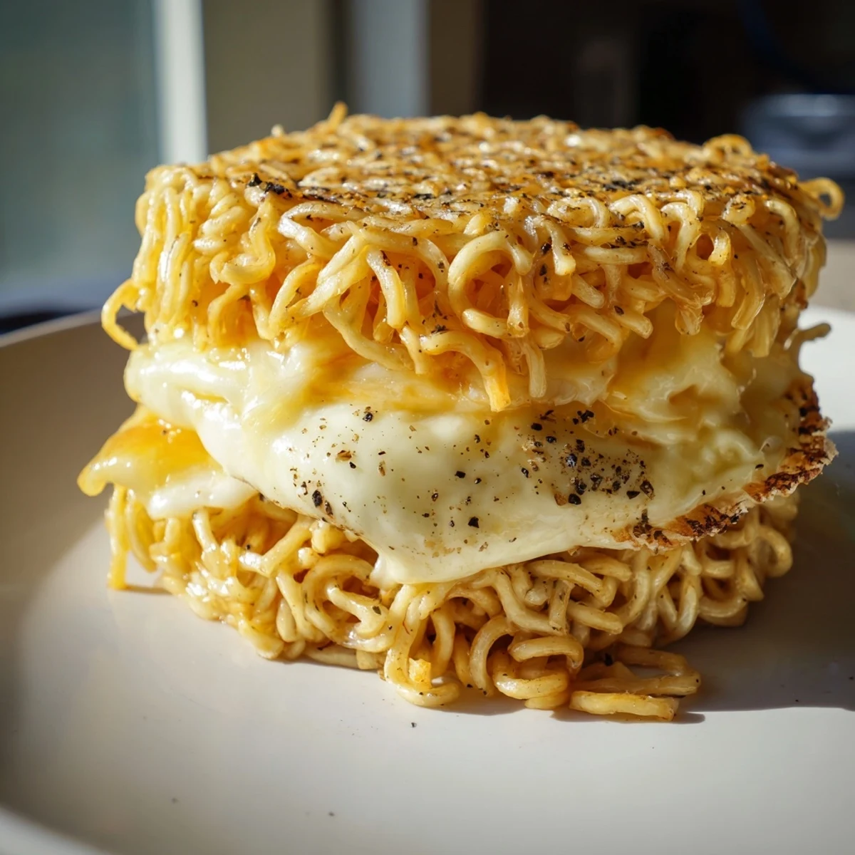 Golden-brown Ramen Grilled Cheese, oozing with melted cheese, makes a satisfying, fun lunch.