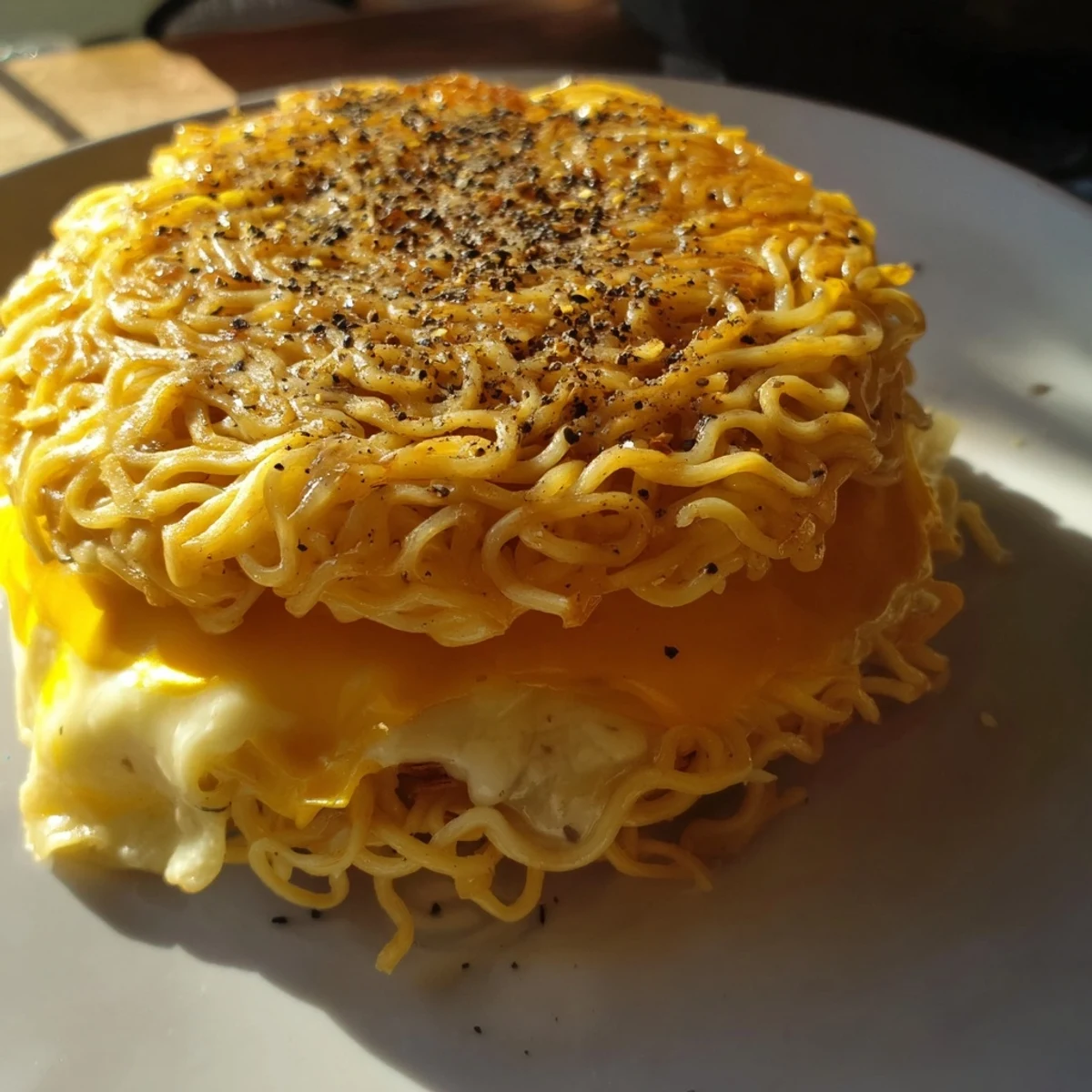 Stacked and ready to devour, this Ramen Grilled Cheese showcases melty cheese between crispy ramen "buns."