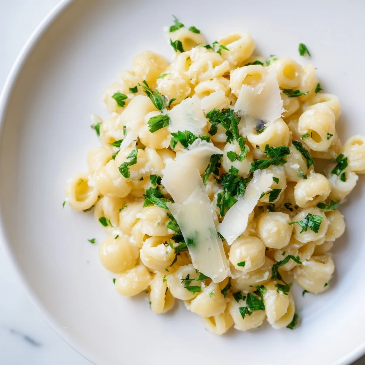 The finished ditalini pasta, creamy garlic sauce swirled around the pasta with fresh parsley.