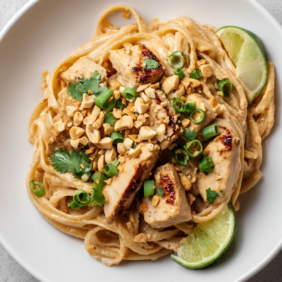 Steaming bowl of Thai peanut chicken pasta, garnished with fresh herbs and peanuts.