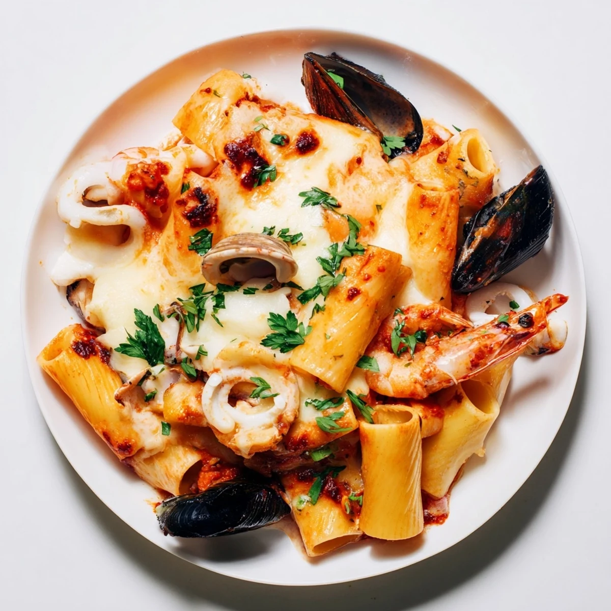 Creamy Seafood Pasta Bake with tender seafood and a rich tomato sauce, ready to serve.